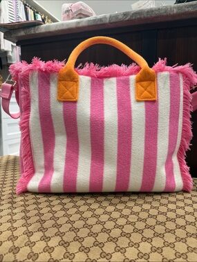 SHIRALEAH TERRY Pink & White Striped Tote Bag with Orange Handles